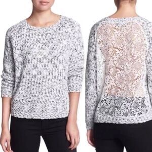 ASTR White Black Marled Lace Floral Back Nubby Pullover Sweater, Sz Medium